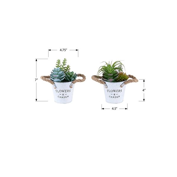 Set of 2 Monarch Specialties Artificial Plants 7-in Tall w/ White Metal Pots - Succulent