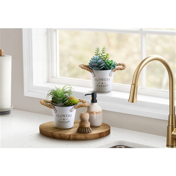 Set of 2 Monarch Specialties Artificial Plants 7-in Tall w/ White Metal Pots - Succulent