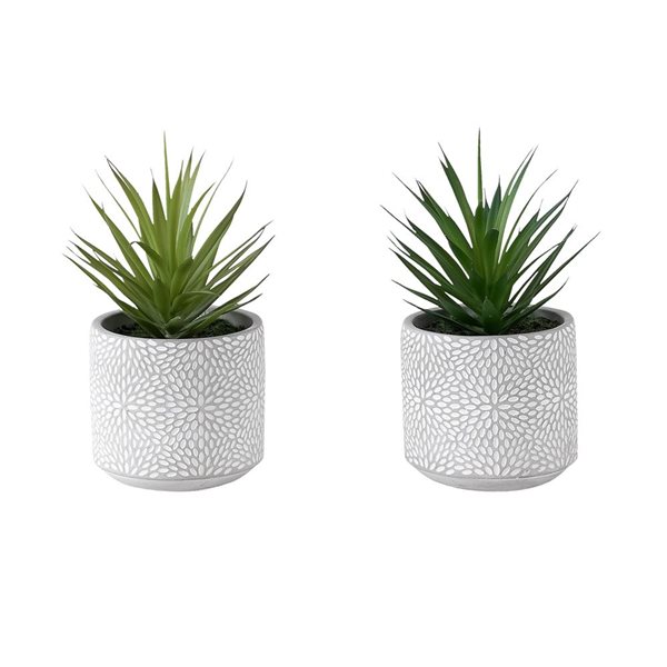 Set of 2 Monarch Specialties Artificial Plants 9-in Tall w/ White Cement Pots - Succulent