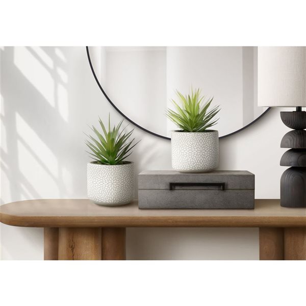Set of 2 Monarch Specialties Artificial Plants 9-in Tall w/ White Cement Pots - Succulent
