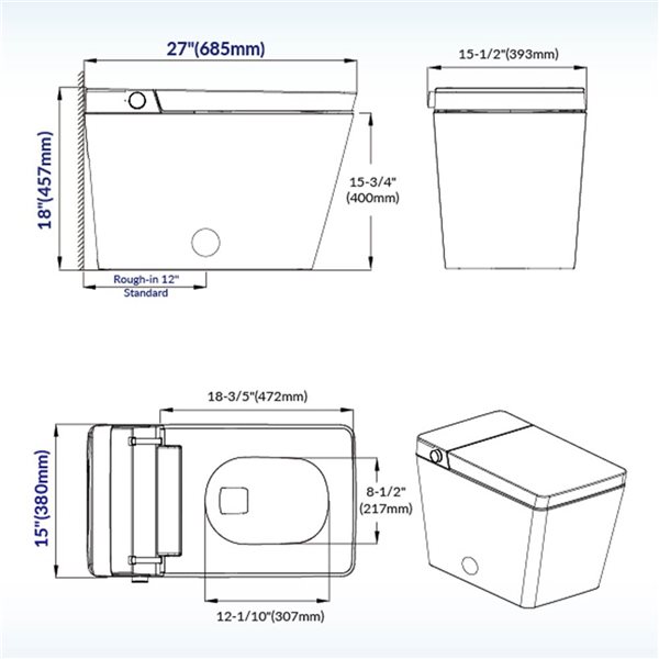 Woodbridge Square Smart Bidet Toilet w/ Tank - Auto Open/Close + Auto Flush and Foot Sensor + Spray Modes - Matte Black