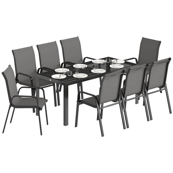 Patio Set Rona Outsunny 9-Piece Patio Dining Set with Stackable Chairs and Glass Top ...