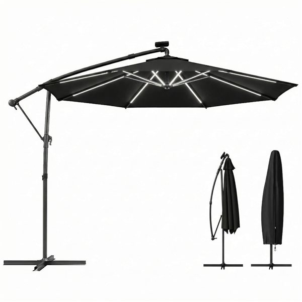 Outsunny Cantilever Patio Umbrella with Solar Light 10-ft - Black 84D ...