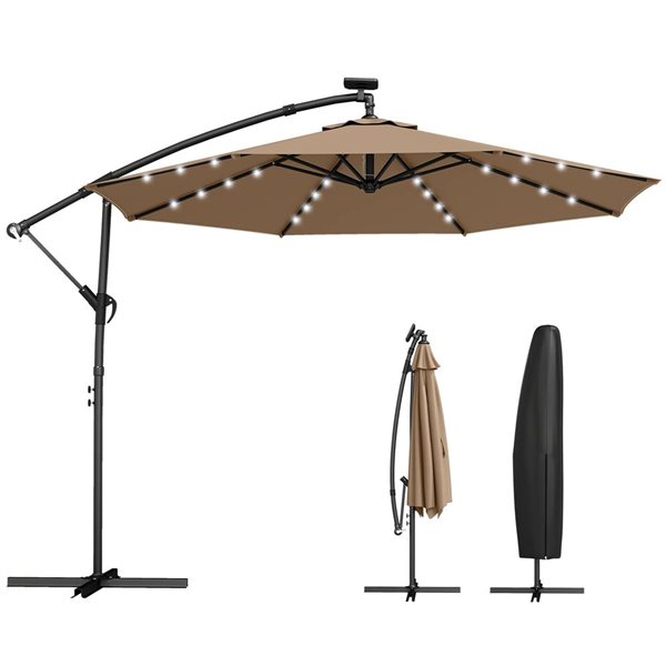Outsunny Cantilever Patio Umbrella with Solar Light with Cover 9.7-ft ...