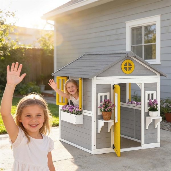 ATAA Cabane Princess En Bois Pour Enfants – Blanc – Maisonnette Jardin Avec Porte, Fenêtres Et Jardinières – Certifié FSC – Dès 3 Ans